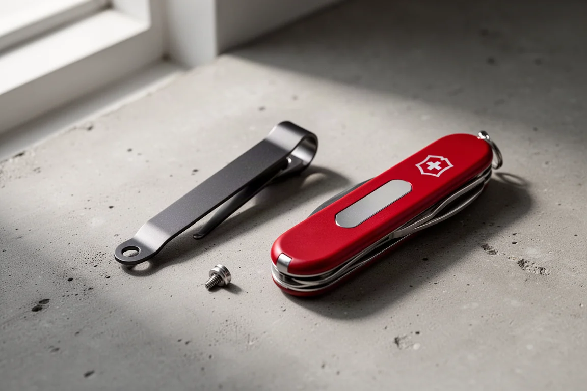 Metallener Pocket Clip neben einem roten Swiss Army Messer auf Beton