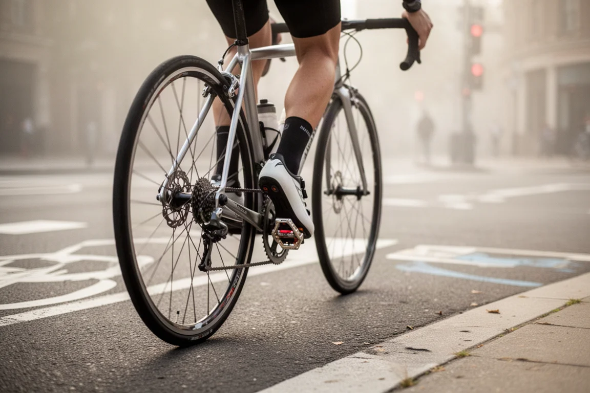 Overhead flat-lay of several bicycle pedal systems and matching cleats on a concrete bench