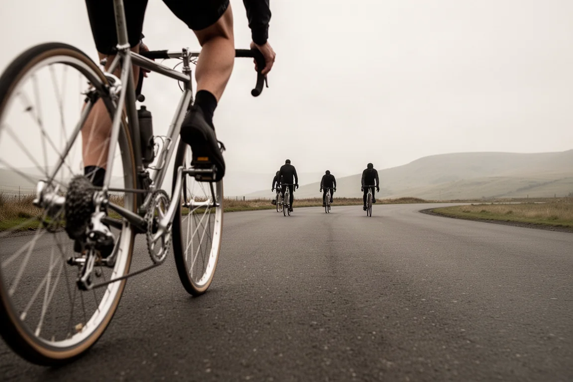 Low-angle view of a road cyclist's shoe and pedal mid-stroke on smooth tarmac