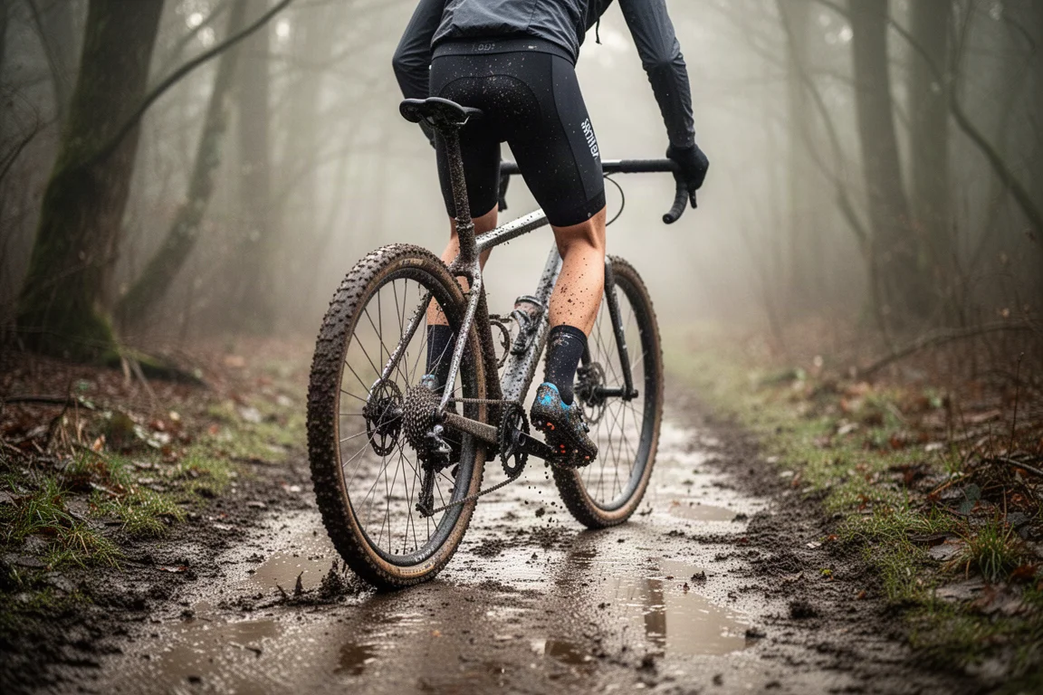 Gravel bike leaning on a wooden fence beside a dirt trail in morning mist