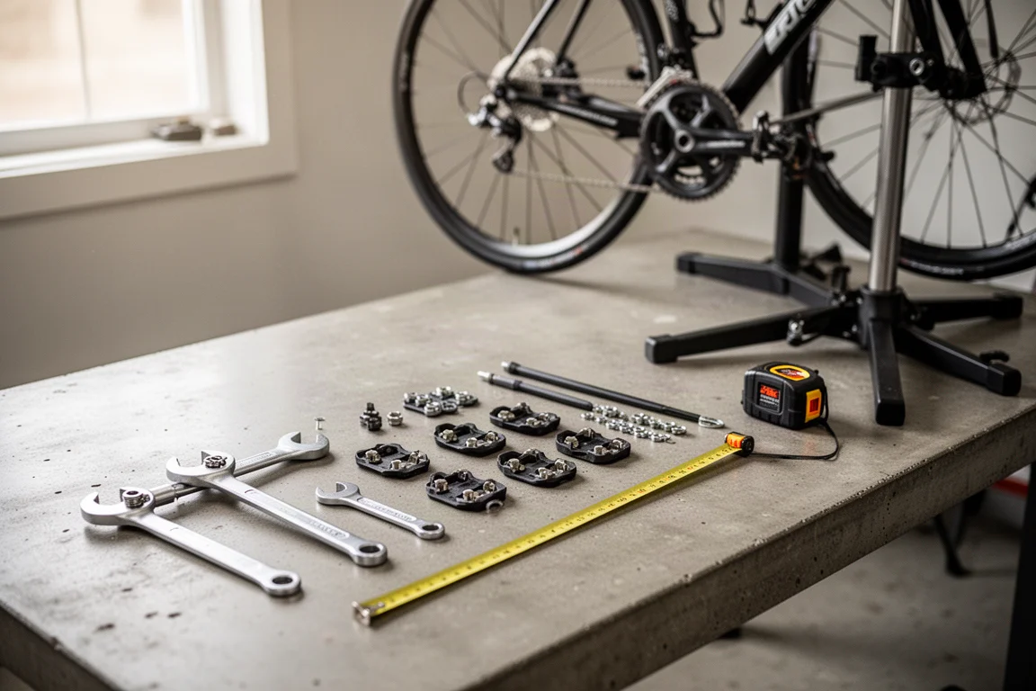 Bike fitting studio workbench with a bicycle on a jig and pedals laid out