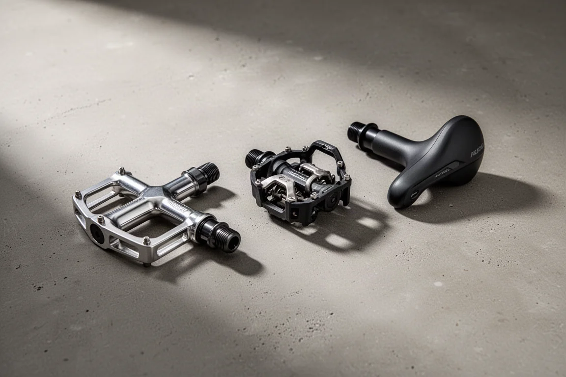 Several clipless bicycle pedal systems arranged in a row on a concrete surface