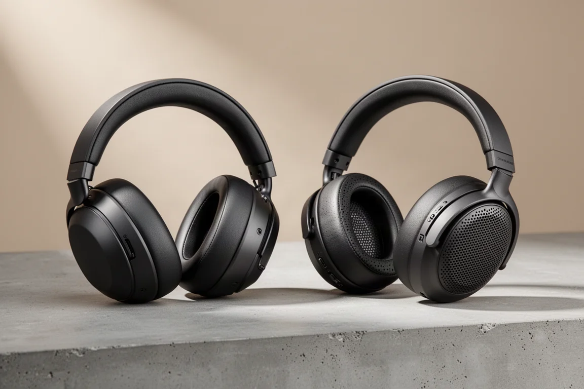 Two pairs of over-ear studio headphones on a concrete surface, one sealed and one open-back