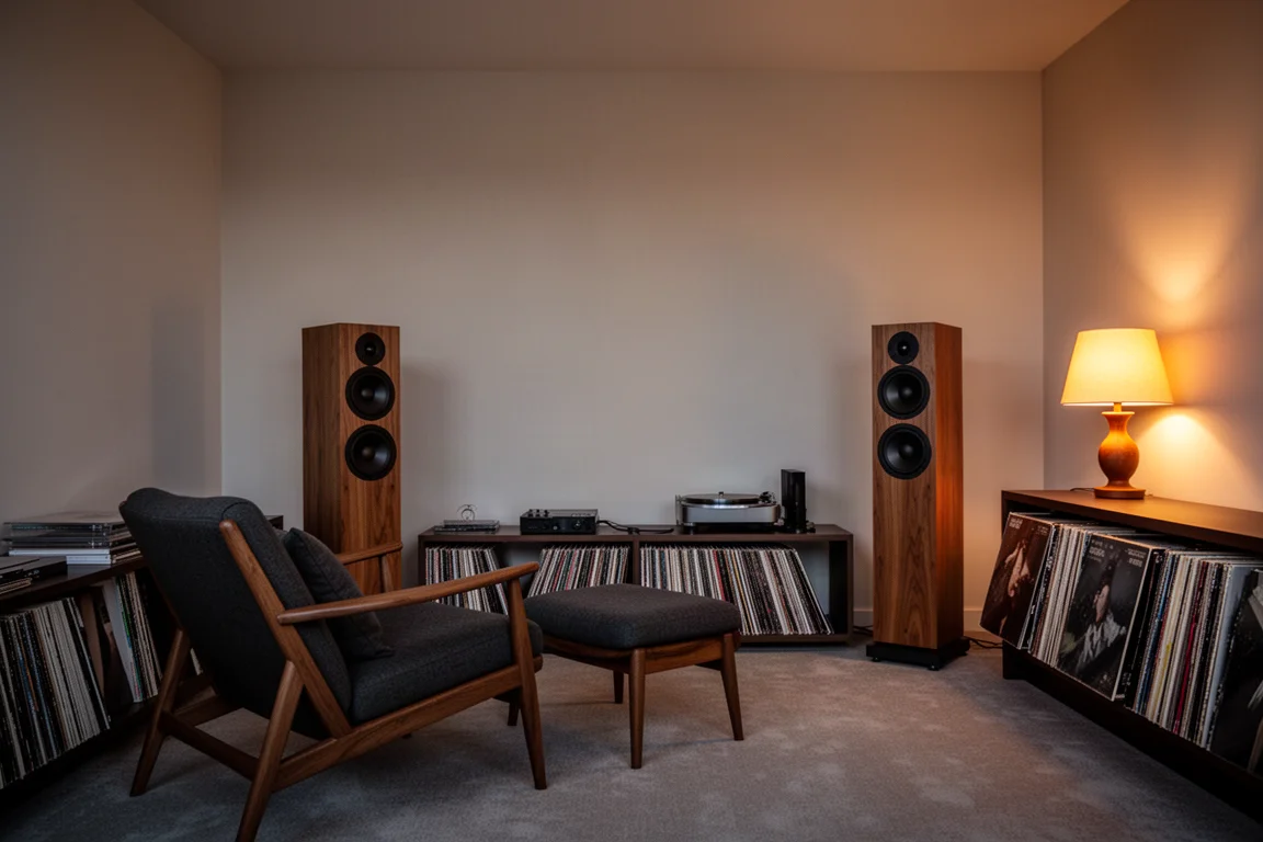 Compact listening room at dusk with an armchair, vinyl shelf, and slim wooden floorstanding speakers