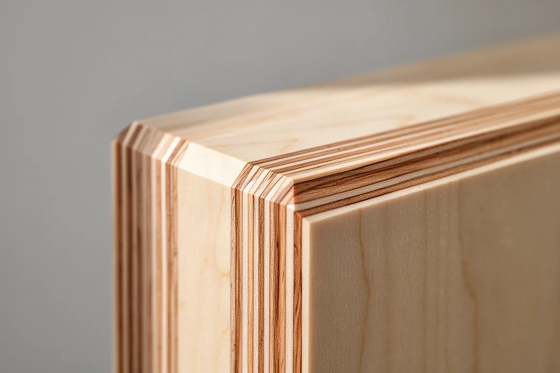 Macro detail of layered Baltic birch plywood on the edge of a speaker cabinet