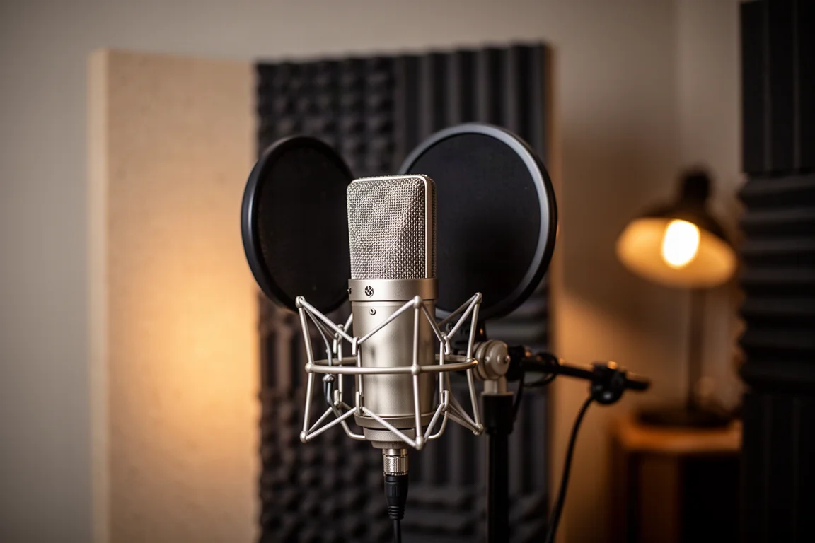 Large diaphragm condenser microphone in a dim recording studio with soft background light