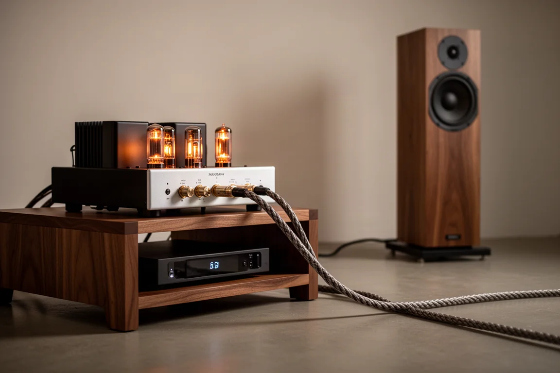 Tube amplifier with glowing valves on a wooden hi-fi rack beside a slim floorstanding speaker