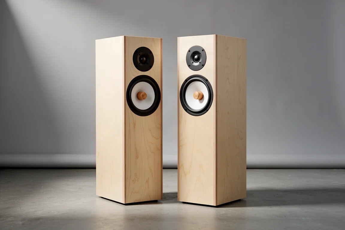 Pair of slim wooden floorstanding loudspeakers with single drivers on a neutral grey backdrop