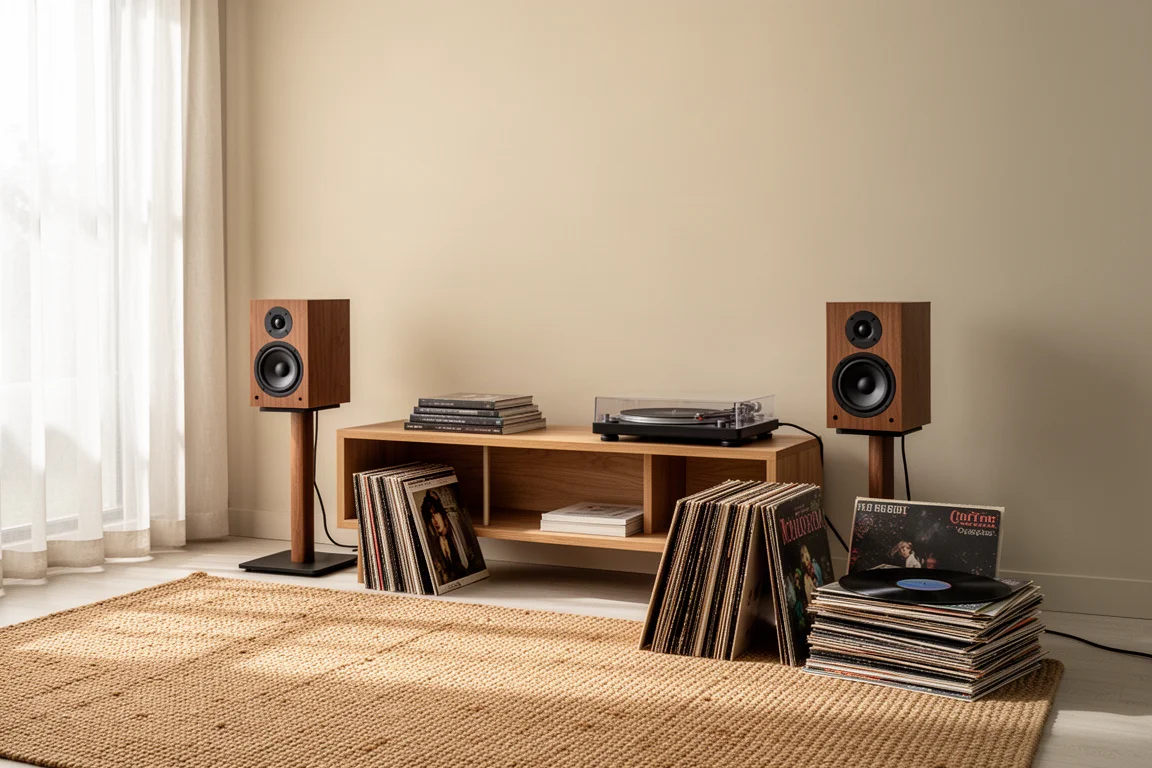 Compact hi-fi listening room with two small bookshelf speakers on stands beside a wooden console and vinyl records