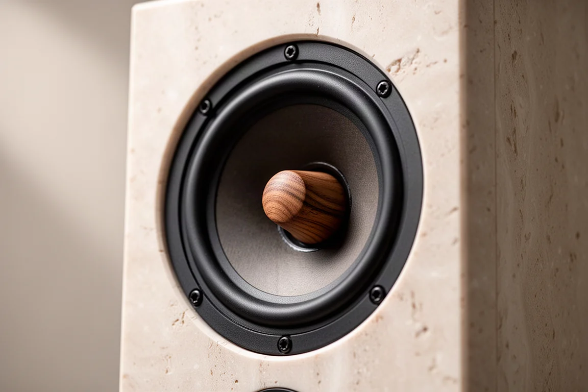 Close-up of a small full-range loudspeaker driver with a wooden phase plug in a pale stone-textured cabinet