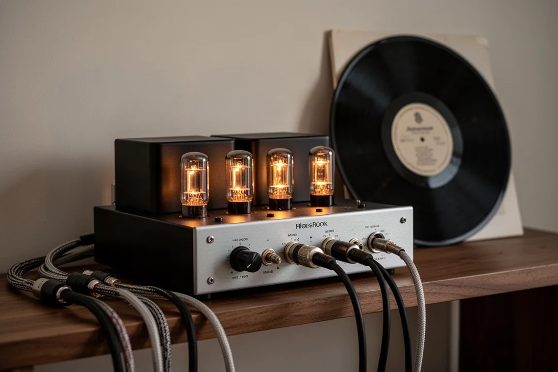 Low powered tube amplifier with glowing valves on a wooden shelf beside speaker cables and a vinyl record