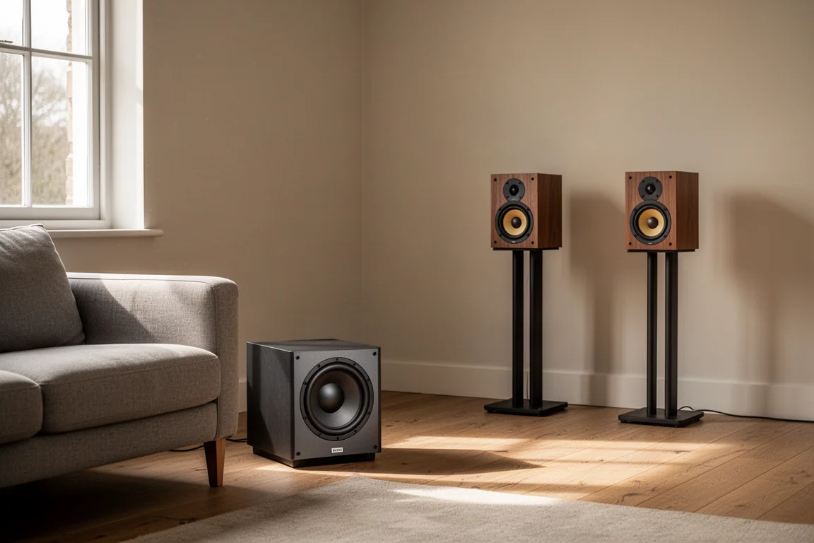 Living room corner with a compact subwoofer on a wooden floor beside a sofa and bookshelf speakers on stands