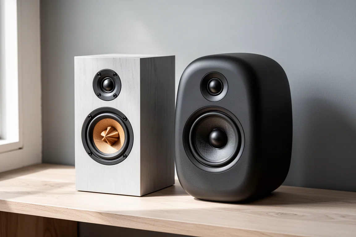 Two compact bookshelf speakers side by side on a pale oak surface against a soft grey wall