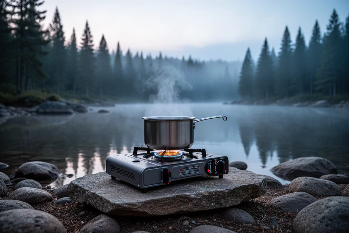 Three-burner camp stove with a pot steaming on a rocky lakeshore at dusk