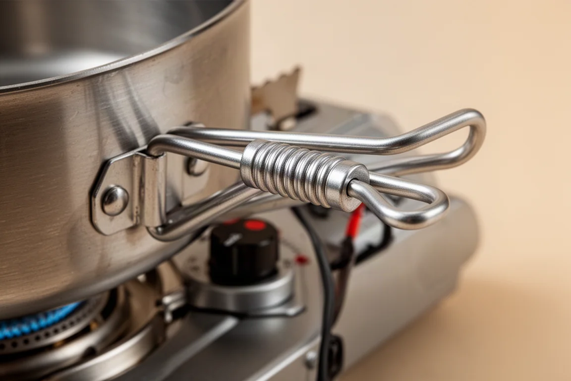Close-up of ridged pot support and control knob on a folding camp stove