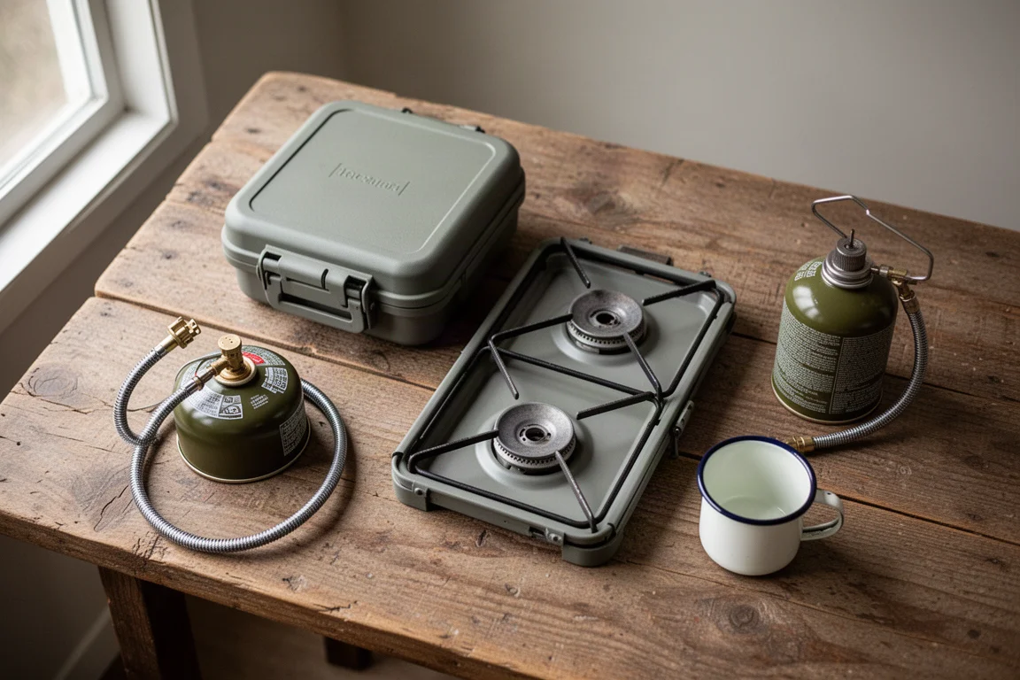 Overhead flat-lay of a folded camp stove, hard case and fuel canister