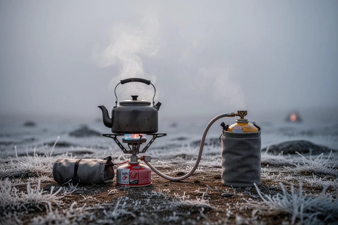 Camp stove with hose running to a fuel canister on frosty ground at dawn