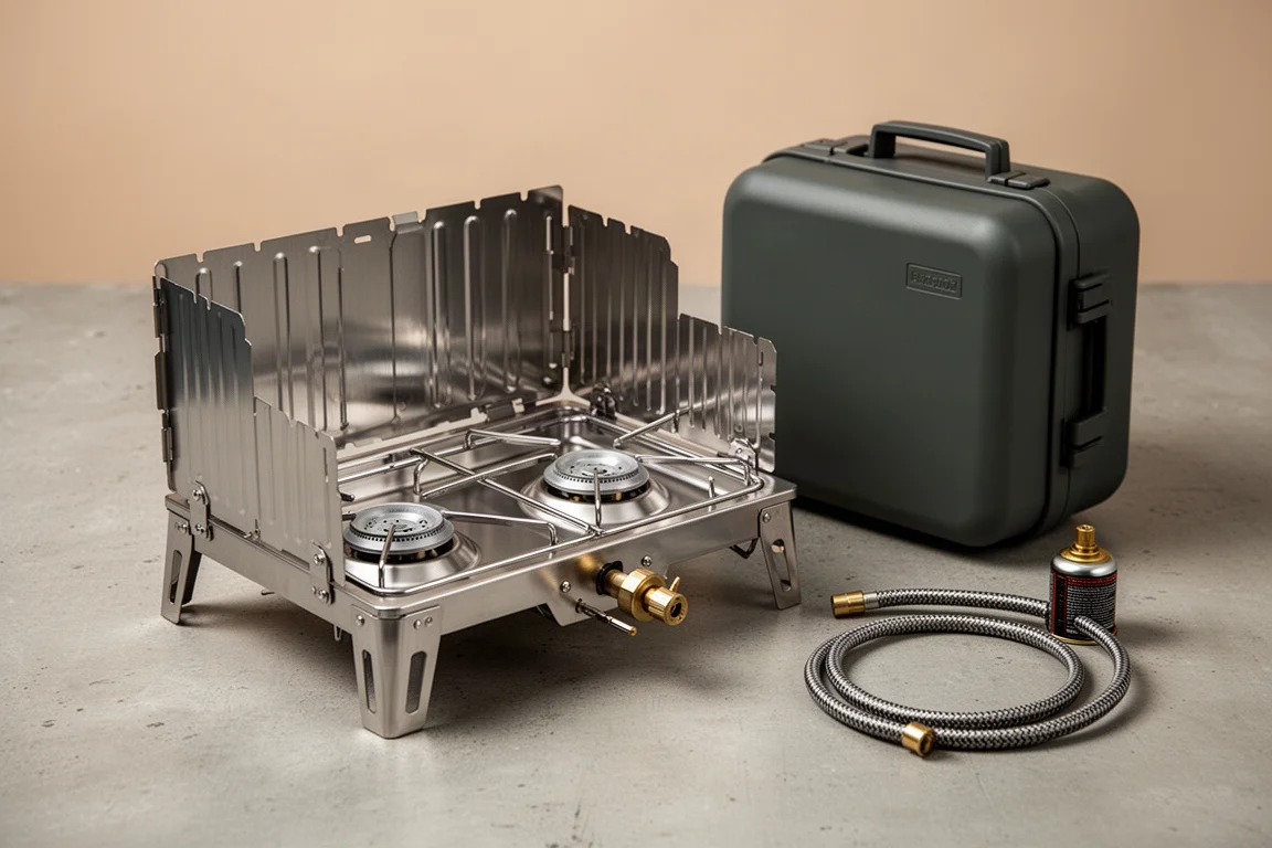 Three-burner folding camp stove open beside its hard case and fuel adapter on concrete