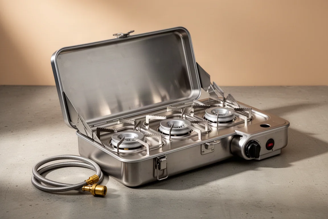 Stainless steel three-burner camp stove beside its hard case on a concrete surface