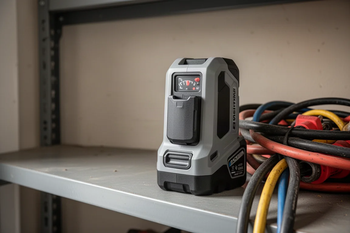 Schuifaccu met brandstofmeter staand op een plank in de garage