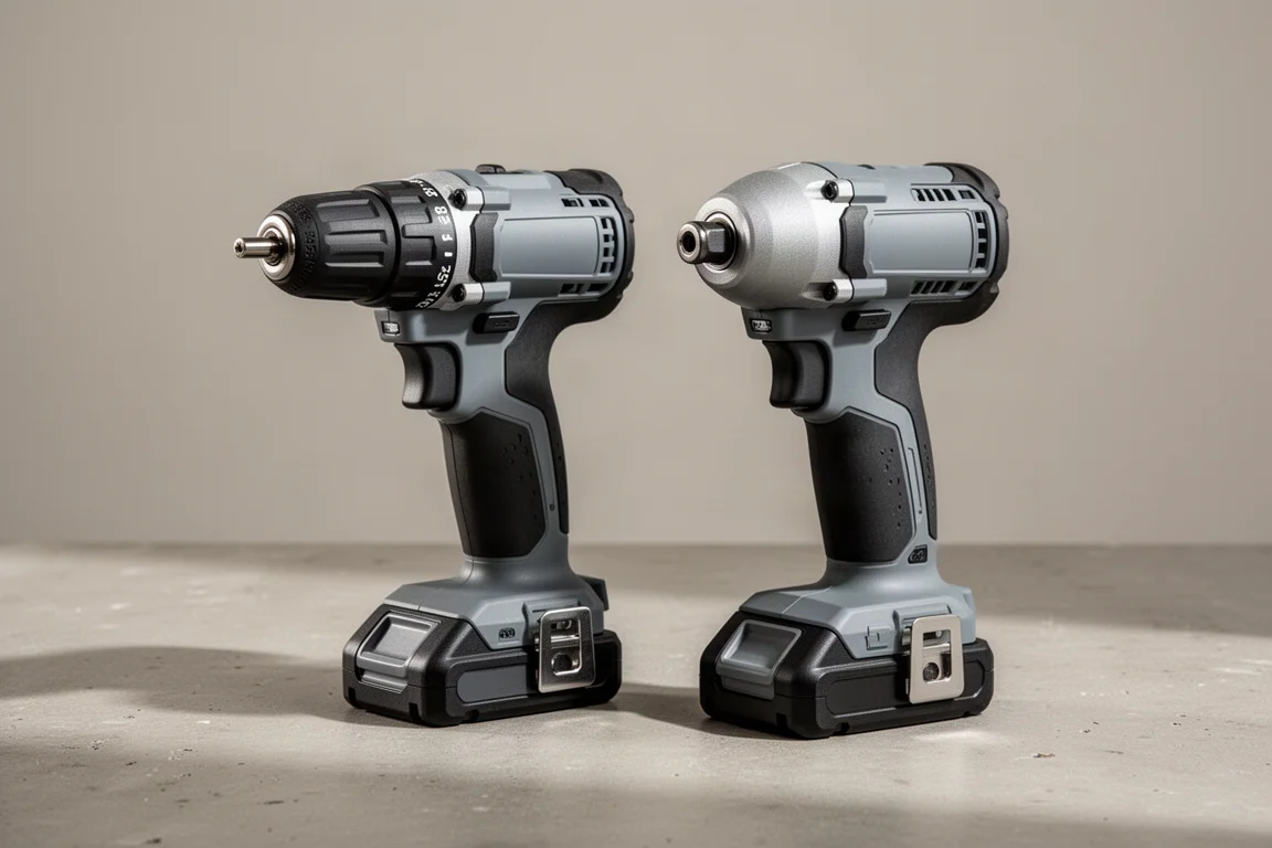 Gray and black Clutch drill driver and impact driver on a concrete workshop surface