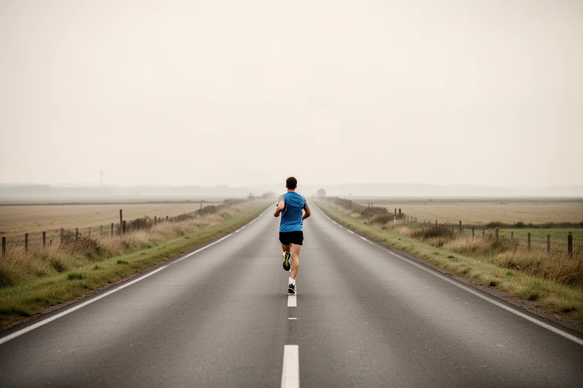 Loper op een lange open weg die in de verte verdwijnt onder een bewolkte hemel