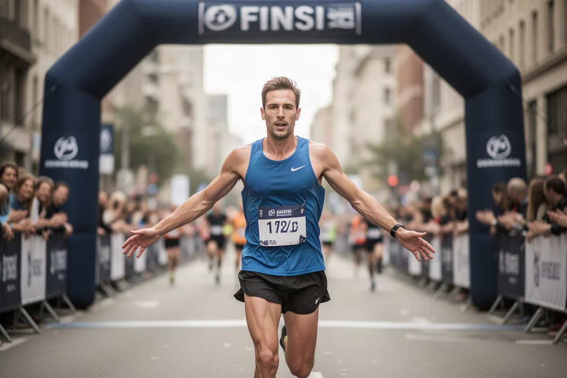 Loper loopt onder een finishboog over een stadsstraat bij daglicht