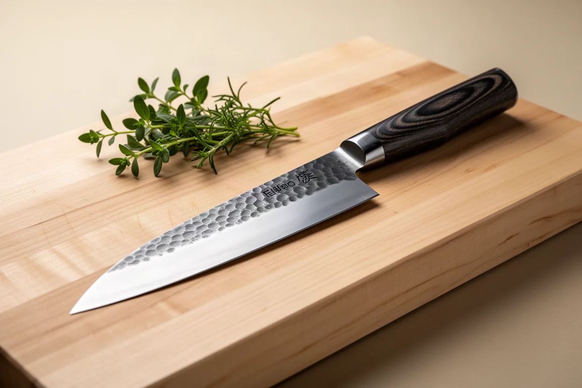Handmade honesuki boning knife with carbon steel blade and contoured wooden handle on a cutting board