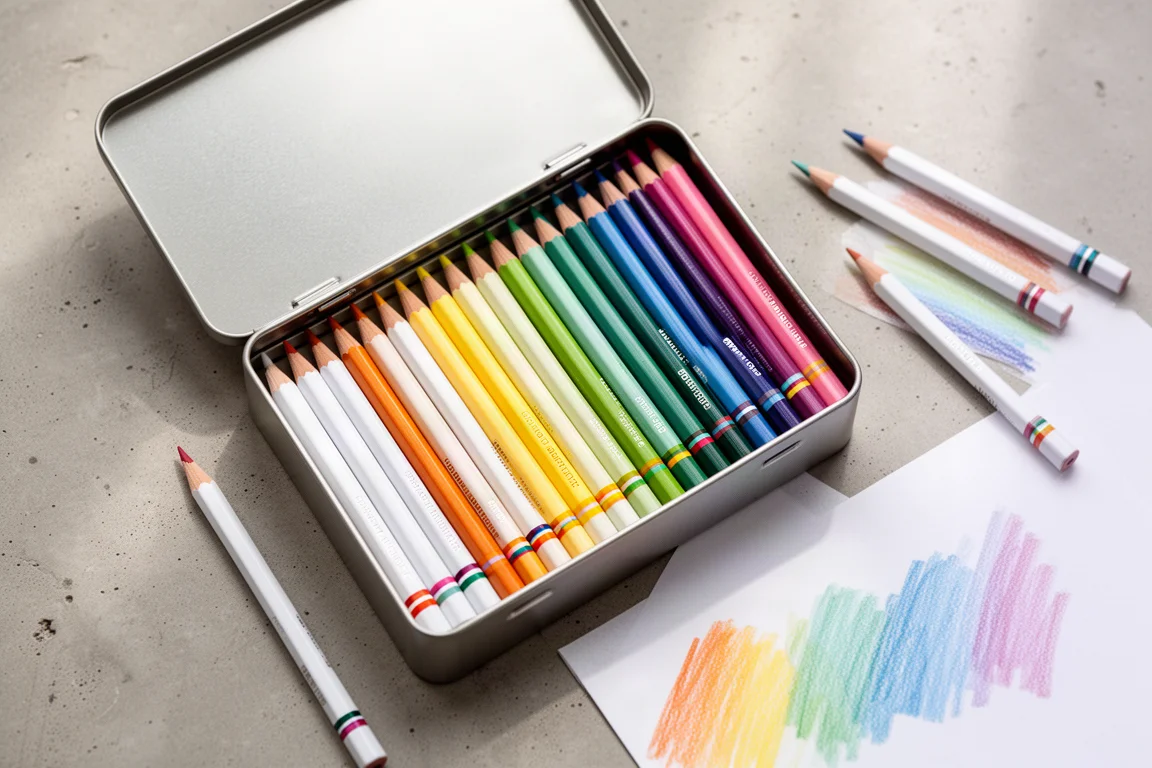 Lata abierta de lápices de colores de cuerpo blanco dispuestos en un degradado codificado por color