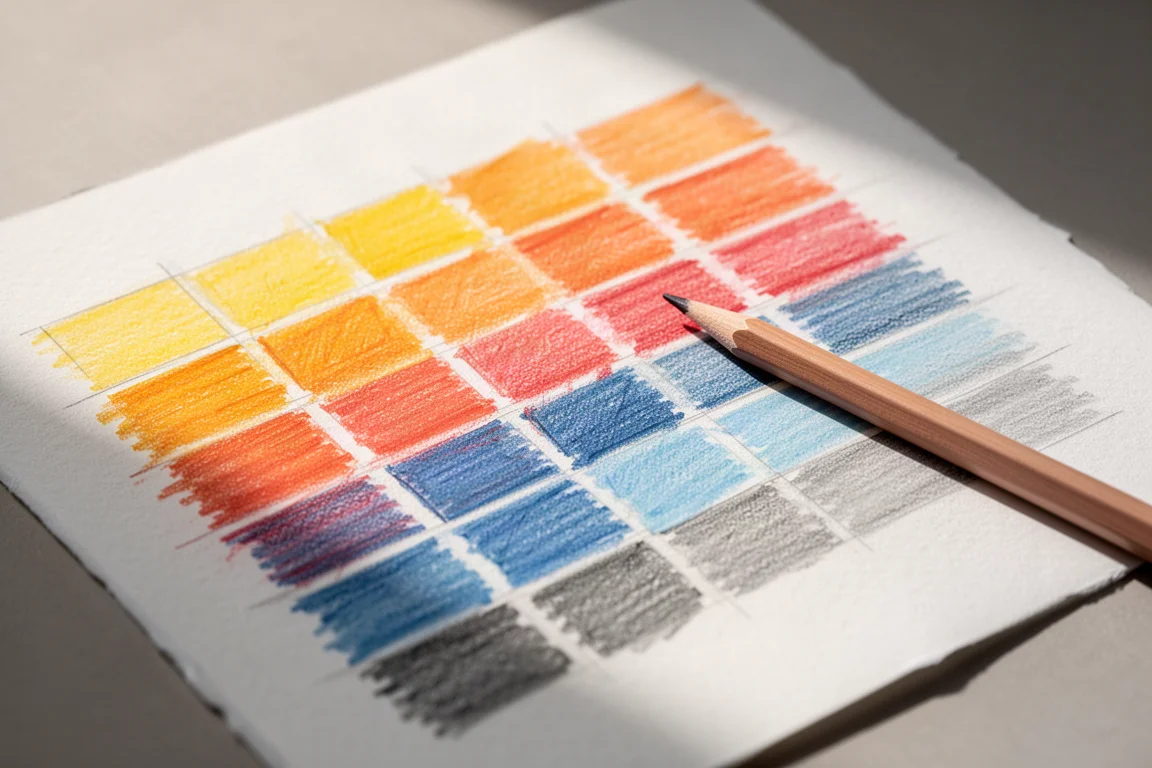 Cuadrícula de muestras de color aplicada sobre papel texturizado con luz suave