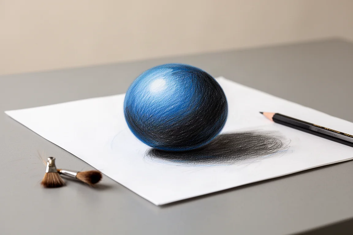 Esfera difuminada con lápices de colores dibujada sobre papel blanco