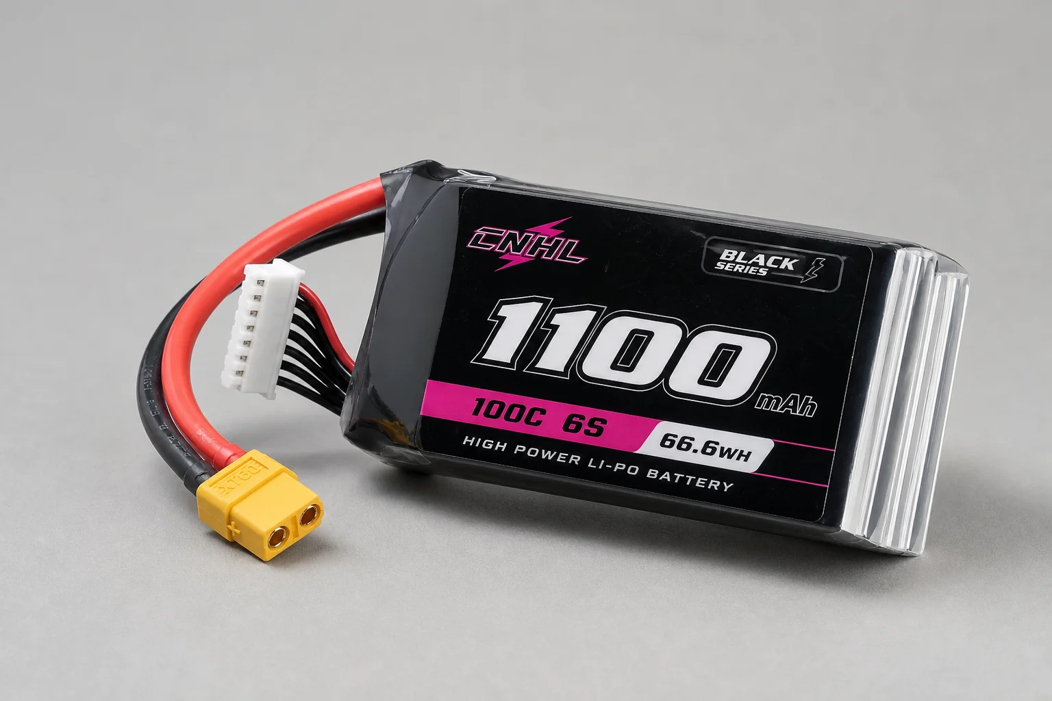 Three LiPo battery packs arranged on concrete surface showing CNHL, Ovonic, and SMC models