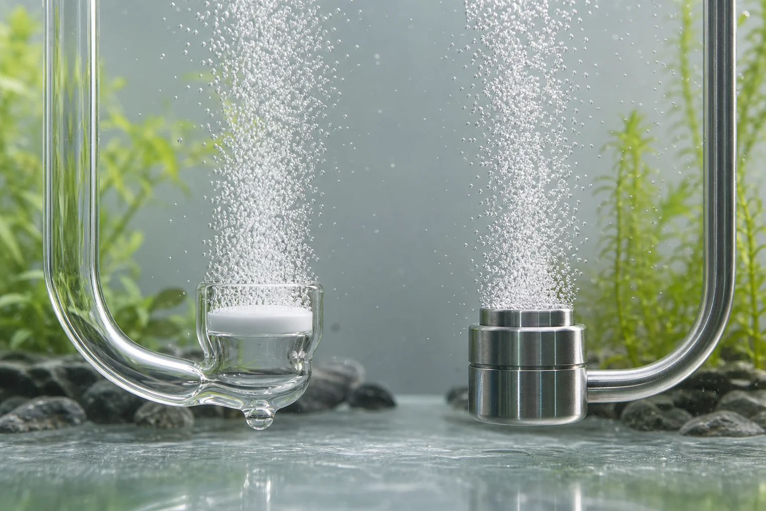 水槽内でCO2の気泡を放出しているガラス製およびステンレス製のディフューザー
