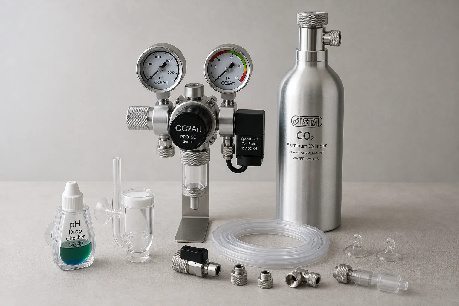 レギュレーター、ボンベ、ディフューザー、モニタリング機器を備えたCO2システムの全体像