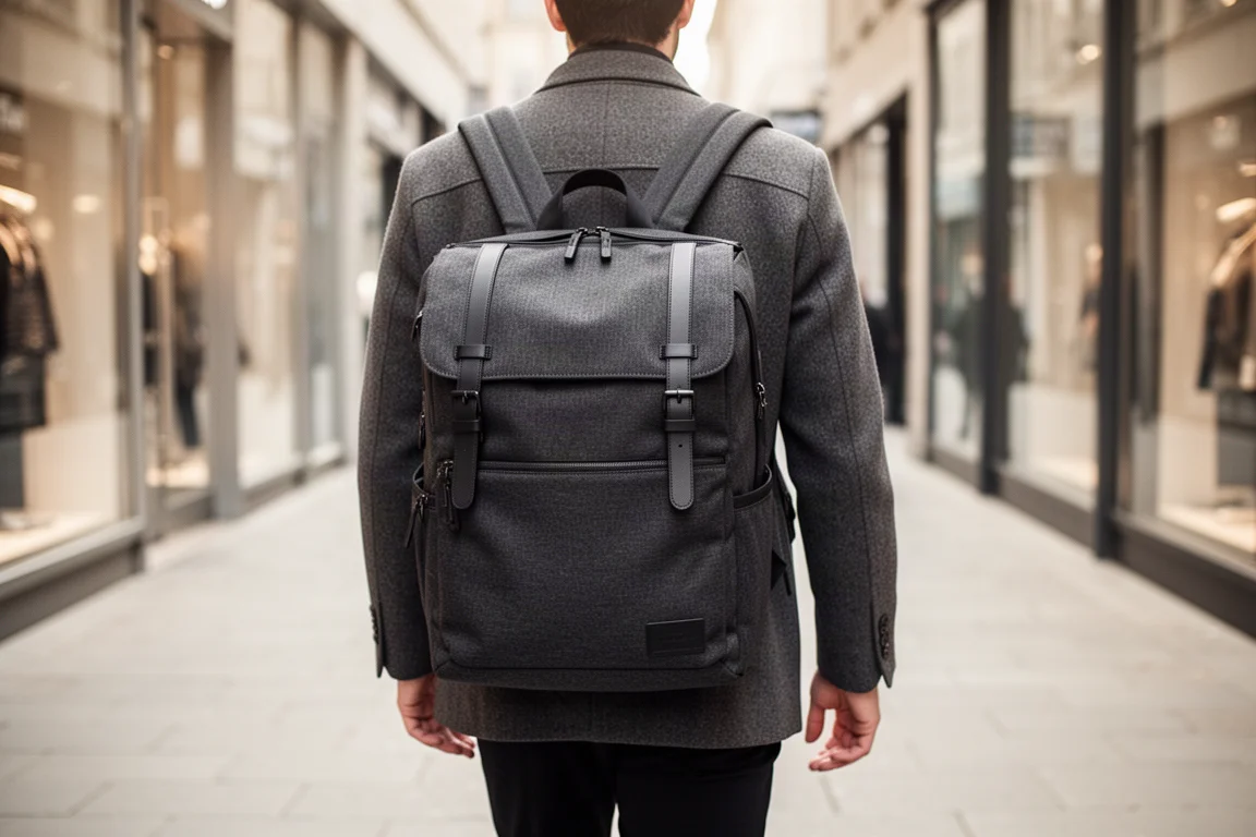 Comutador com uma mochila estruturada caminhando por uma rua da cidade sob luz suave da manhã