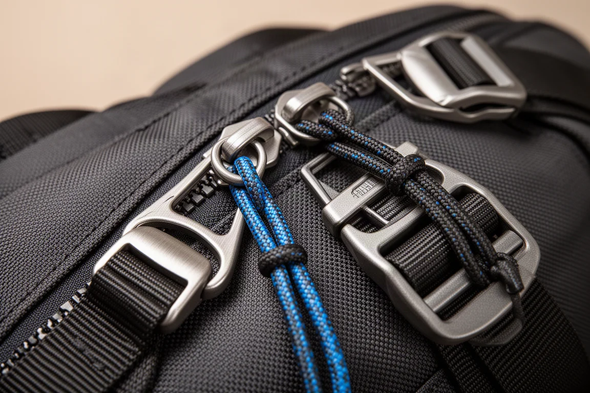 Close de um zíper YKK grande e puxadores de paracord na costura de uma mochila