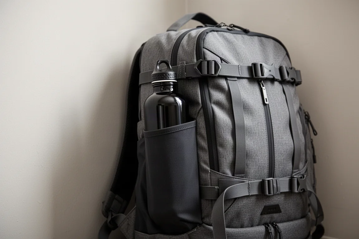 Porta-garrafas na lateral de uma mochila, um deles com uma garrafa, arrumada para uma viagem de fim de semana