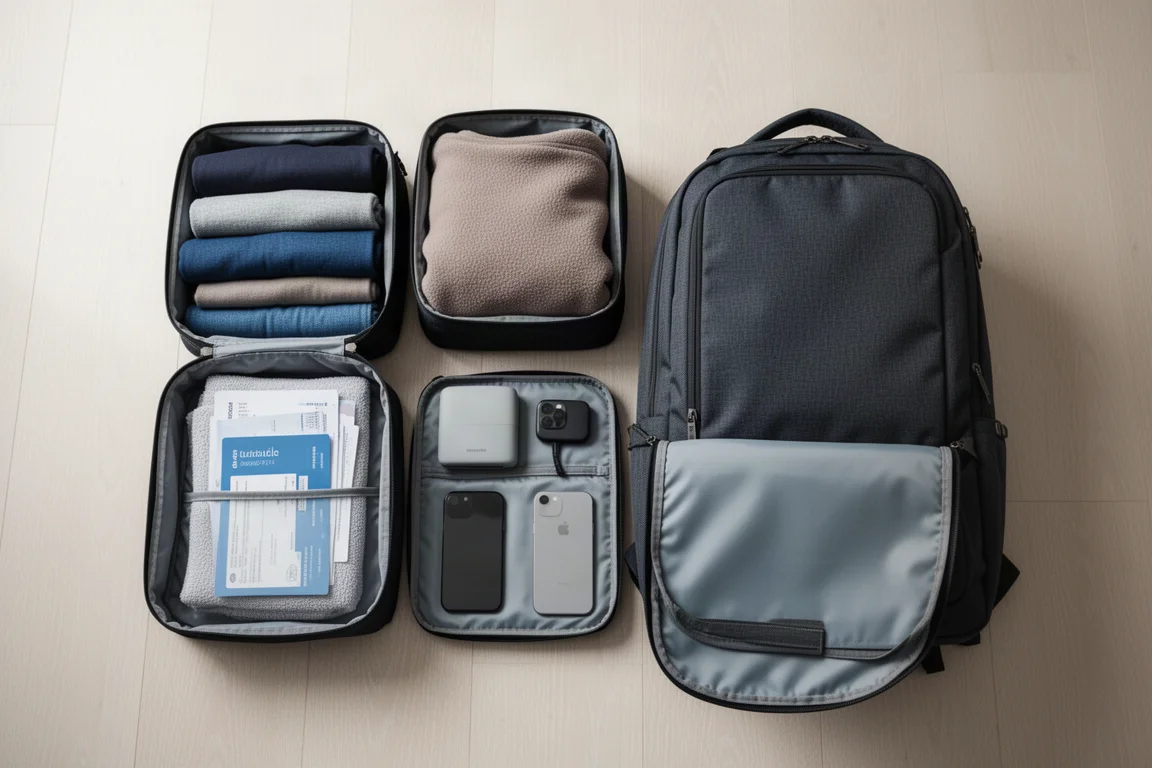 Mochila arrumada com cubes organizadores e roupas de viagem dobradas, preparadas para uma viagem de fim de semana