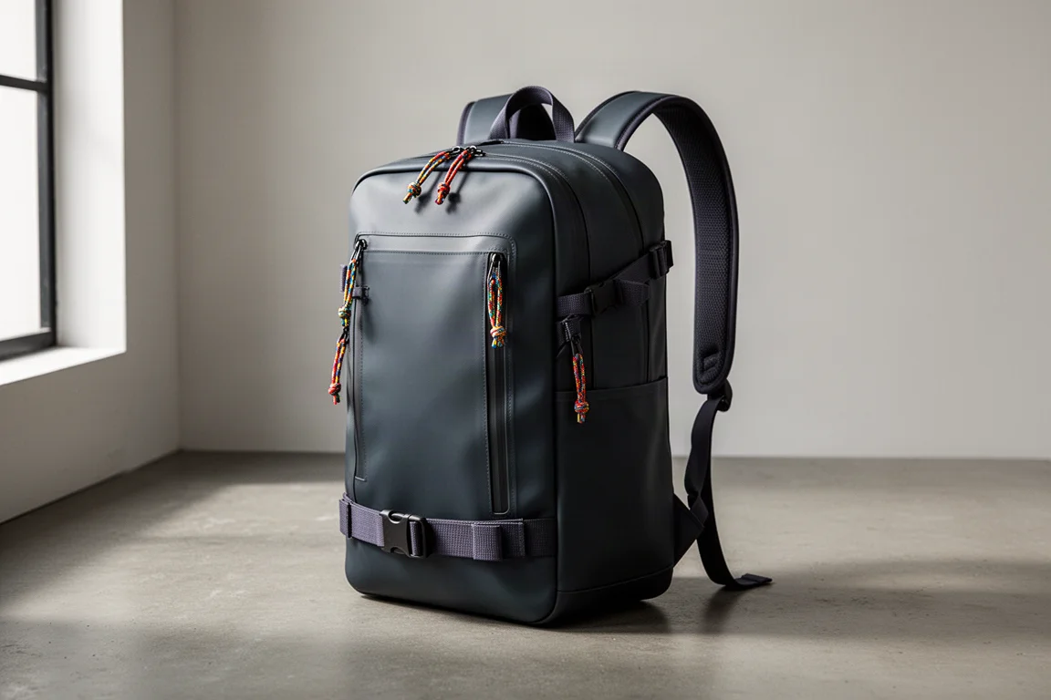 Dark TPU-coated 25-liter backpack with wide straps standing on concrete