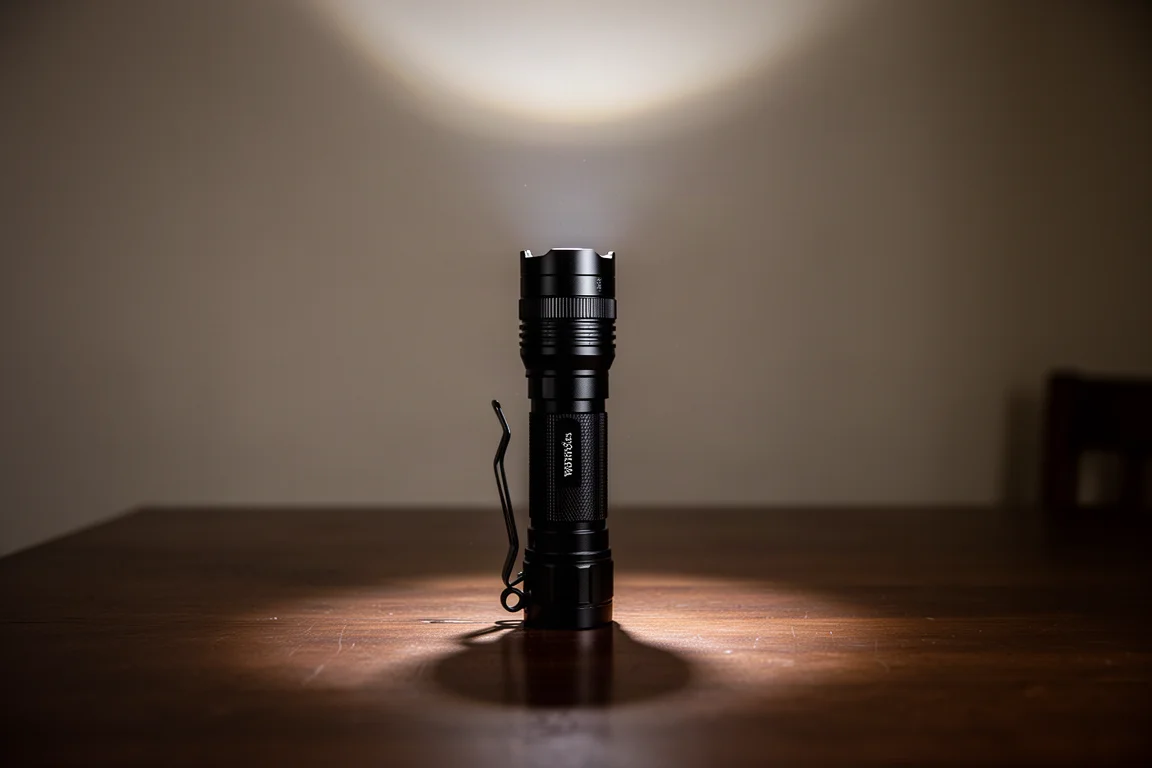 Lampe torche dressée sur sa queue sur une table dans une pièce sombre projetant la lumière vers le haut