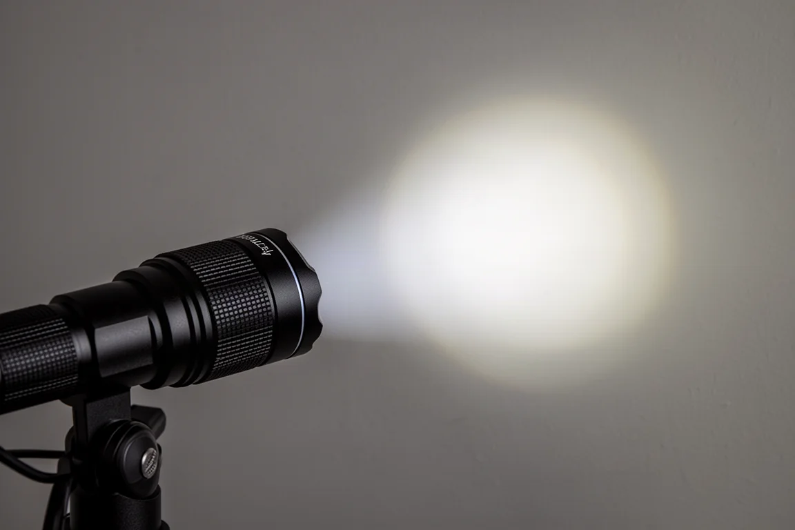 Faisceau d'une lampe torche à zoom qui se resserre en un point serré sur un mur éloigné