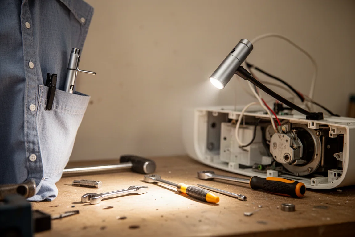 Lampe de travail mains libres clipée à une poche éclairant une tâche sur un établi