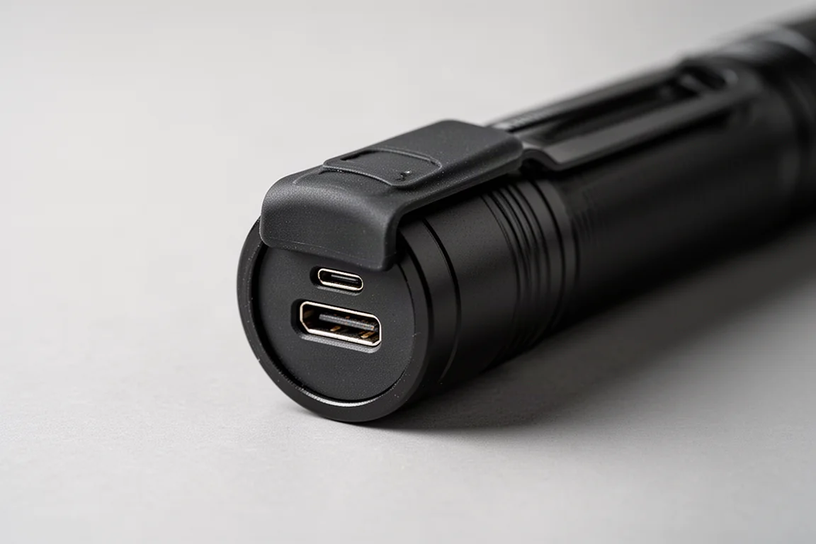 Porta di ricarica USB-C con copertura in gomma sul retro di una torcia sottile