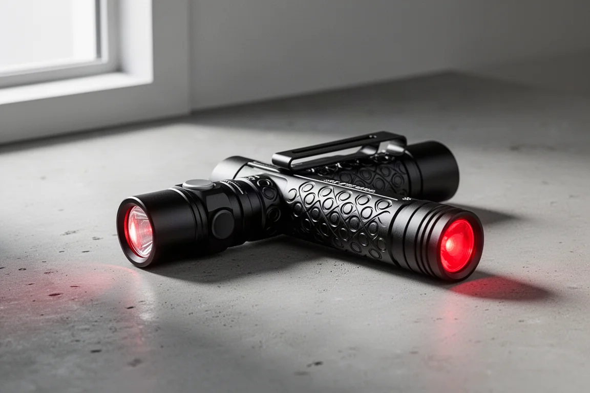 Torcia Coast Slayer Max Red nera, piatta e sottile, su una superficie di cemento opaco