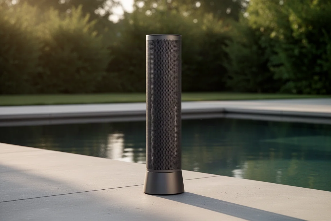 Tall cylindrical outdoor loudspeaker on a concrete terrace beside a reflecting pool