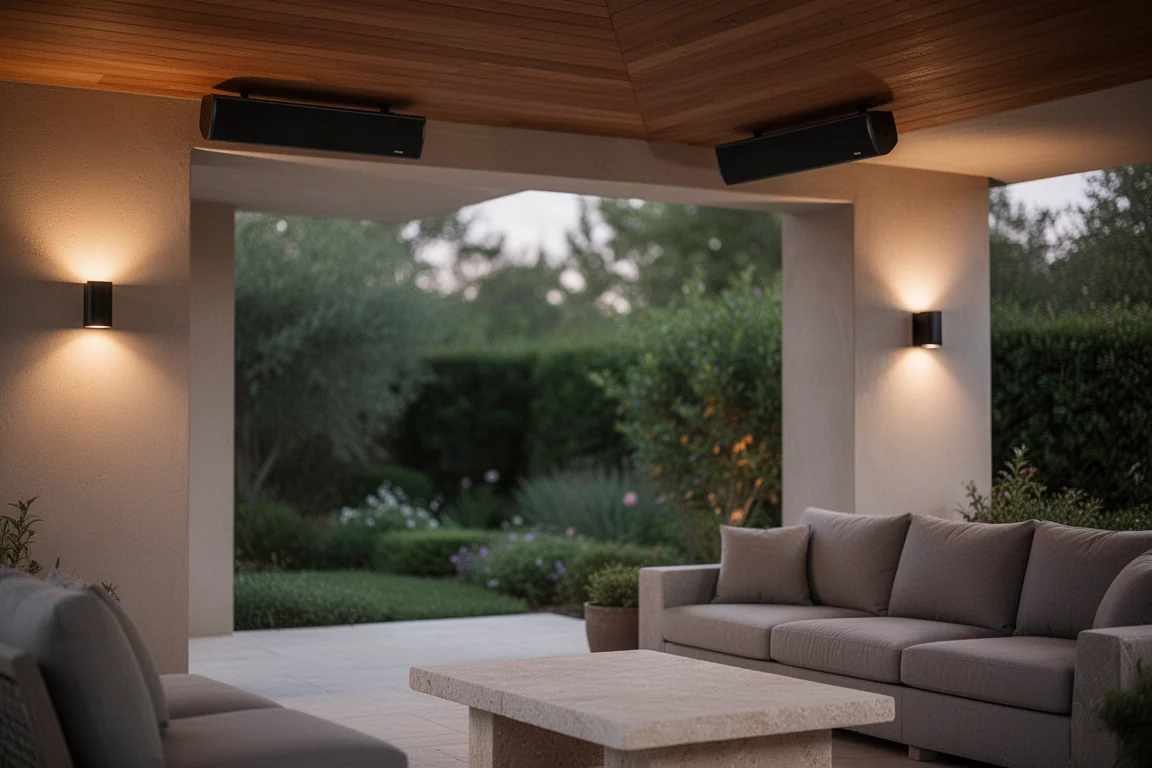 Covered outdoor patio at dusk with slim speakers mounted beneath a wooden soffit