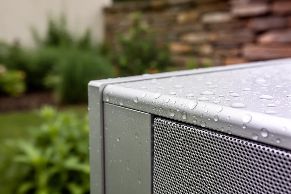 Close-up of an aluminum outdoor speaker grille beaded with water droplets