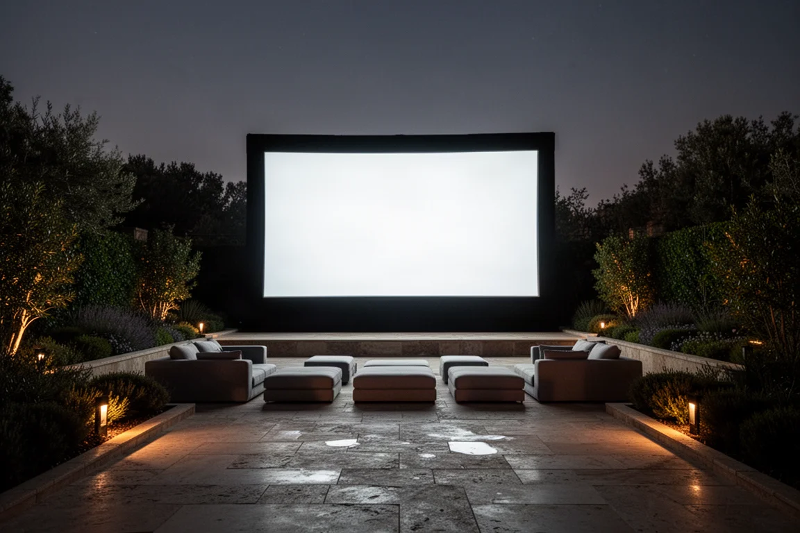 Outdoor theater patio at night with a glowing screen and low seating