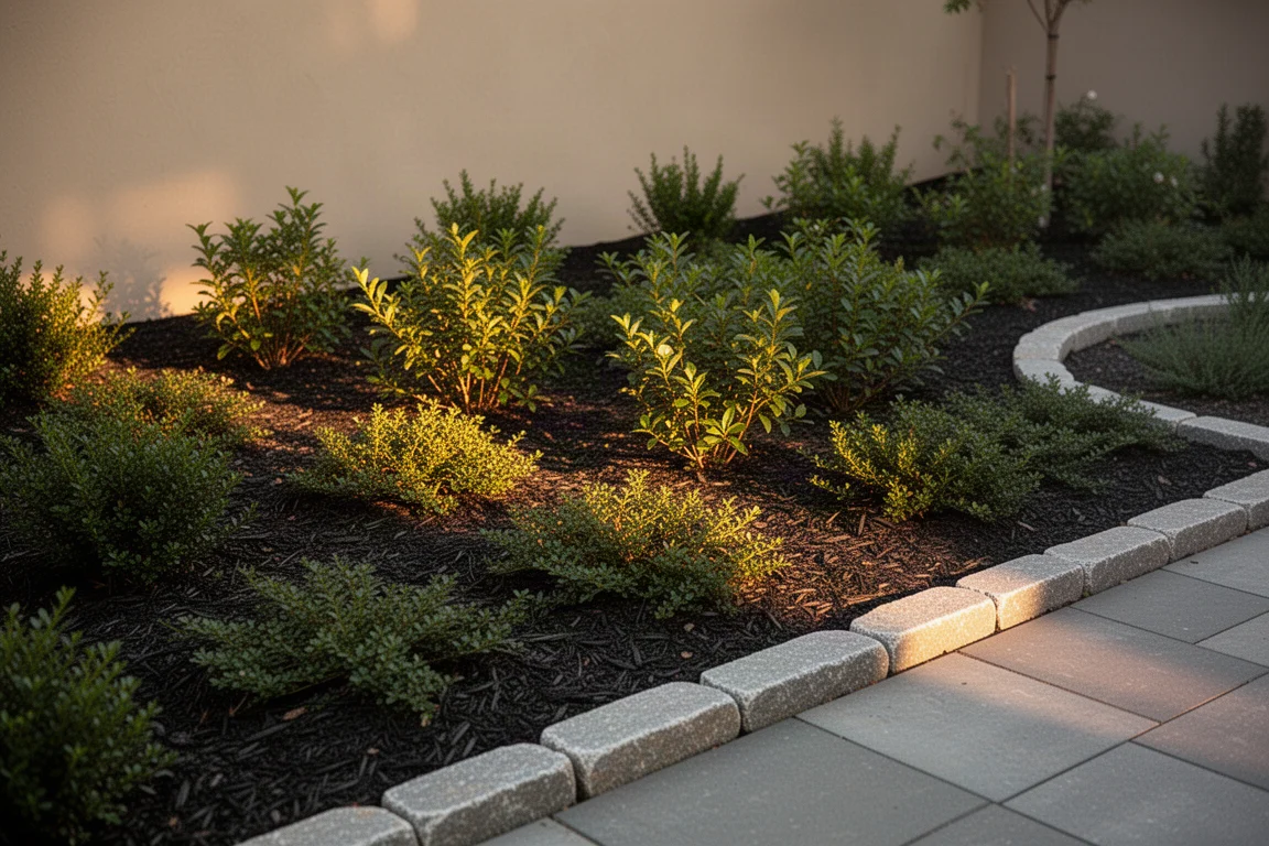 Landscaped planting bed at golden hour bordered by cut stone edging