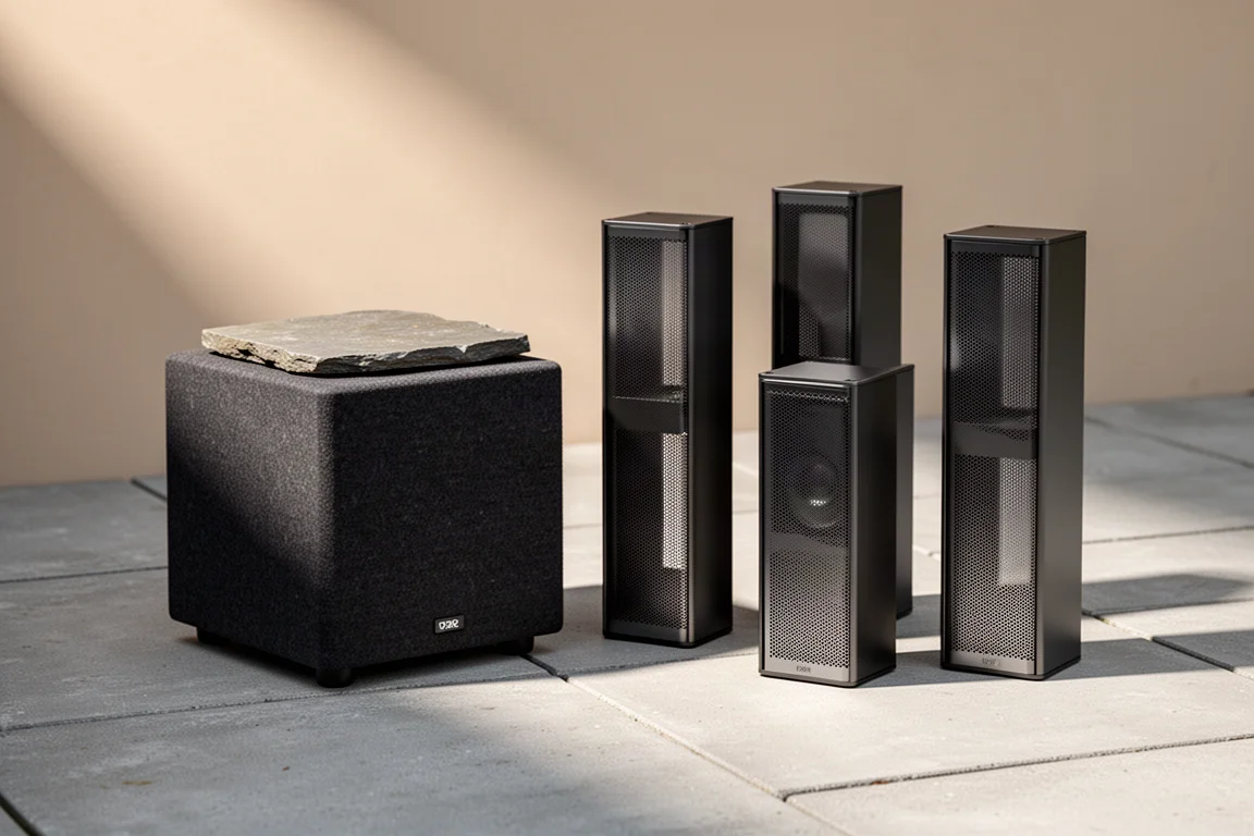 Outdoor subwoofer and slim aluminum speakers arranged on a concrete patio surface